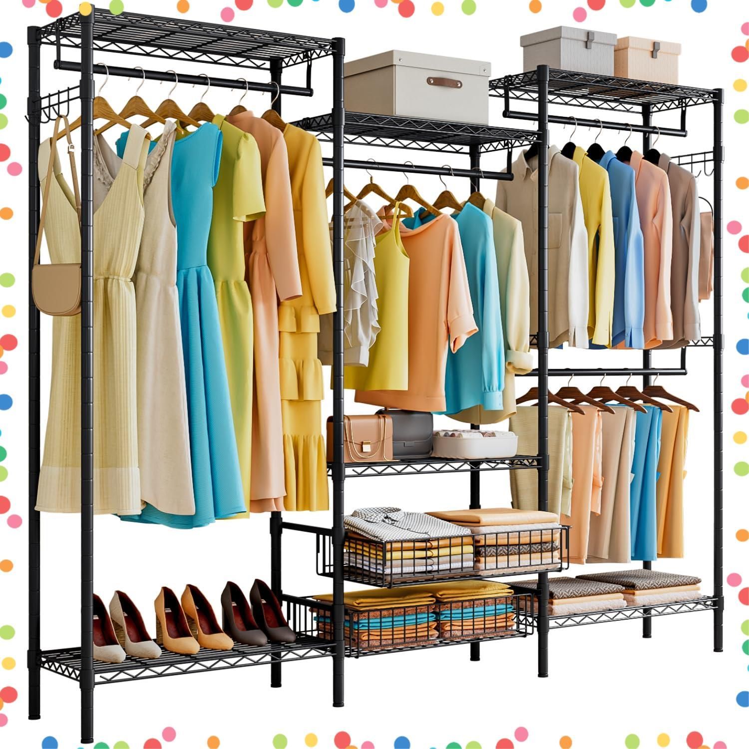 【特価セール】たっぷり収納 収納ラック バスケット付き 洋服掛け 洋服ラック 棚板高さ調節 幅219x奥行40x高さ195cm 大容量 ワードローブ 頑丈 ハンガーラック