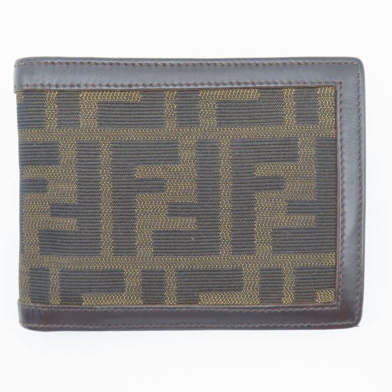 M05-k022 FENDI フェンディ ズッカ キャンバス|レザー 二つ折り財布 ブラウン|カーキ