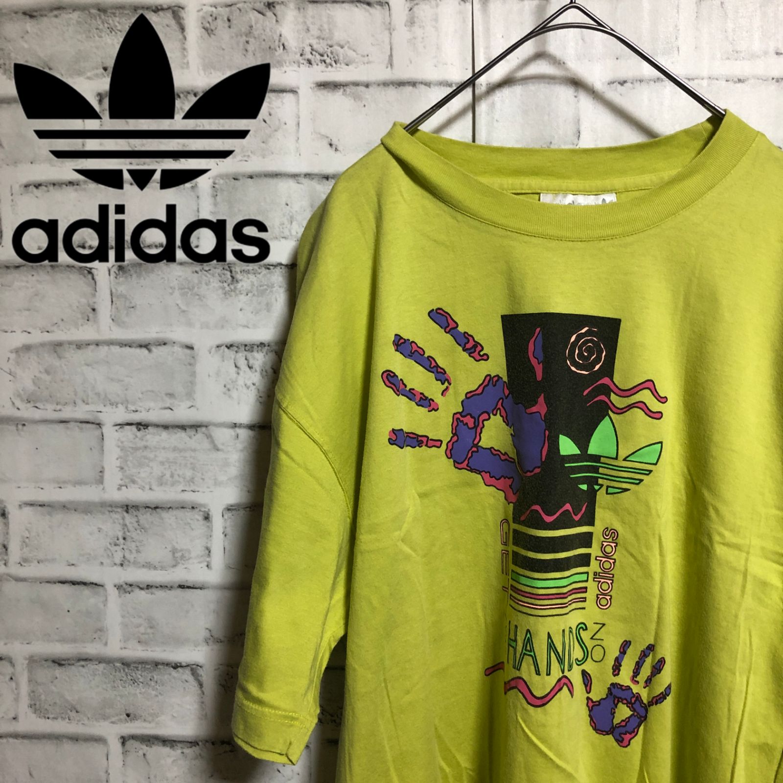 80s⭐️adidas HANDS NO Tシャツ L トレファイルロゴ vintage 黄緑