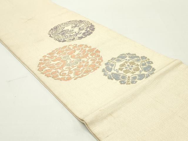 平和屋着物●アンティーク 大正ロマン 六通柄 本袋帯 唐織 龍 鳳凰正倉院更紗花文 肌色 金糸 正絹 DAAW6841ob