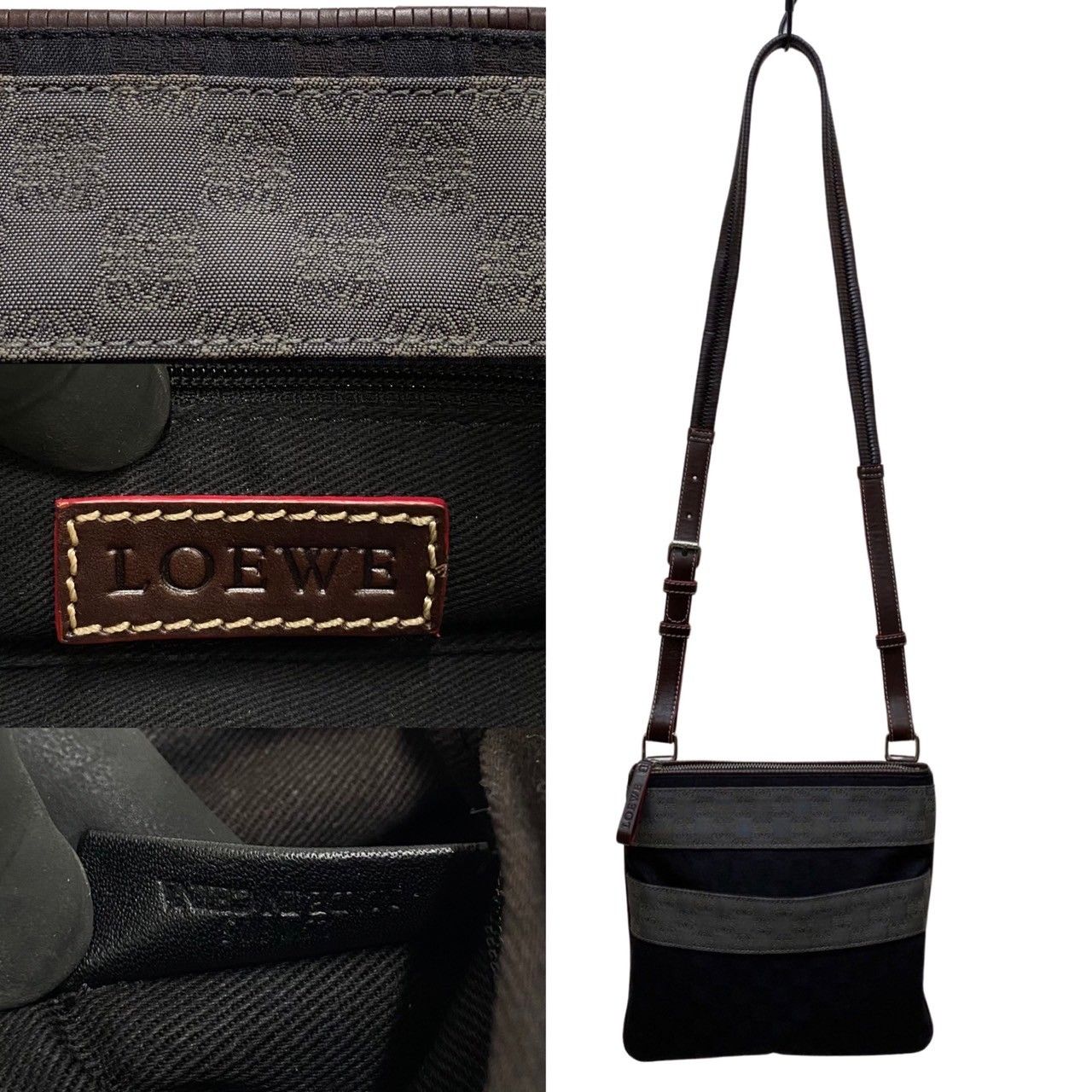極 美品 希少品 LOEWE ロエベ アナグラム ロゴ 総柄 ナイロン レザー 