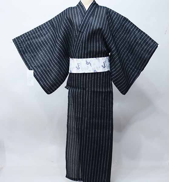 浴衣 6点セット 男性用 しじら織 綿100％ 3L 4L 5Lサイズ 黒地 縞 浴衣 角帯 下駄 信玄袋 腰紐2本 NO40467-2
