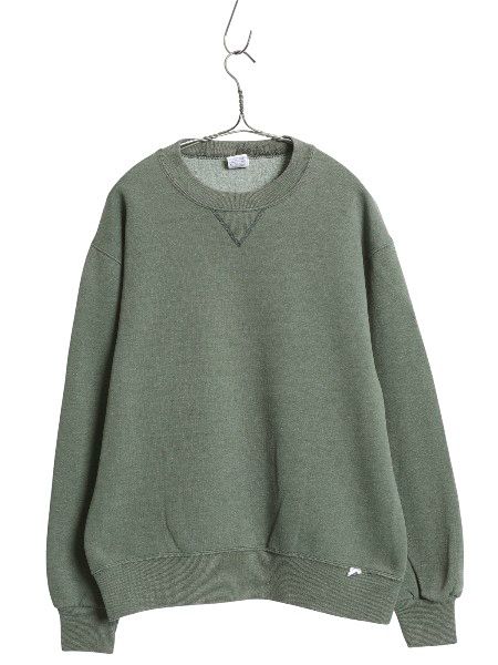 なクーポン配布中! 90s ラッセル 無地 スウェット メンズ レディース M 古着 オールド トレーナー 前V 裏起毛 ワンポイント ブランク トップス グリーン