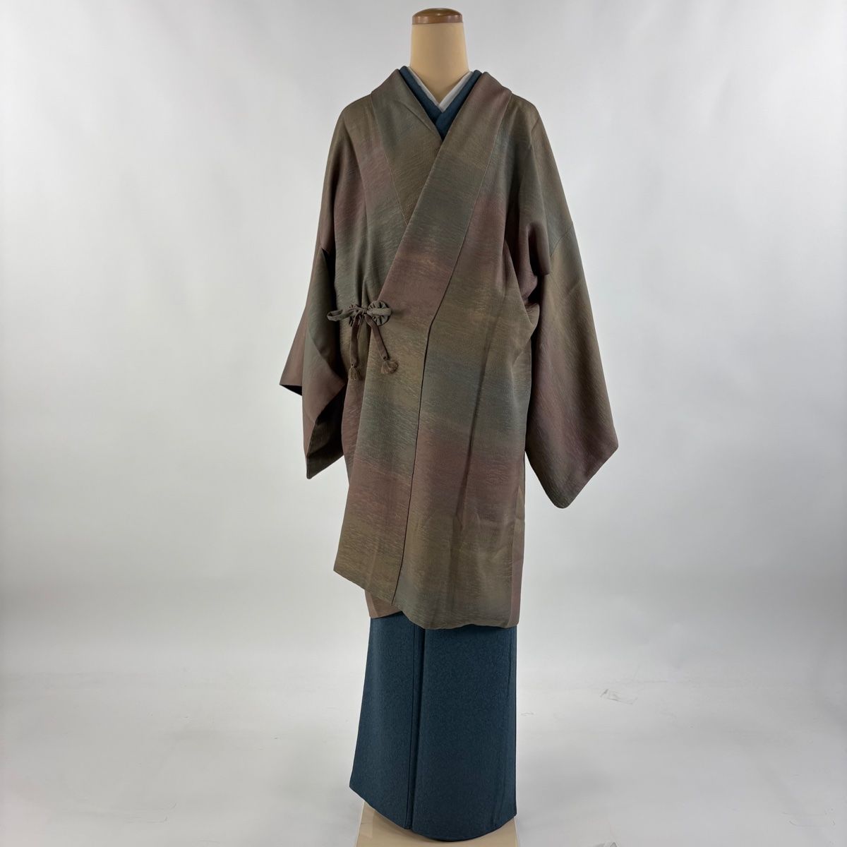 道中着 身丈101cm 裄丈68cm L 和装コート リバーシブル ぼかし柄 灰緑 正絹