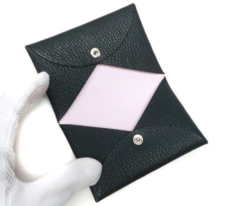 エルメス カルヴィ ヴェルソ K刻印 製 二つ折り カードケース 名刺入れ HERMES 黒 ブラック ピンク バイ 34295