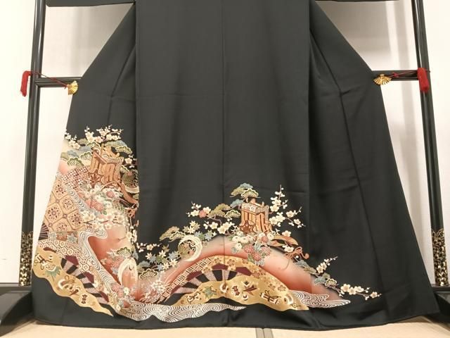 平和屋着物□豪華黒留袖 駒刺繍 御所車群鶴草花宝尽くし文 金彩