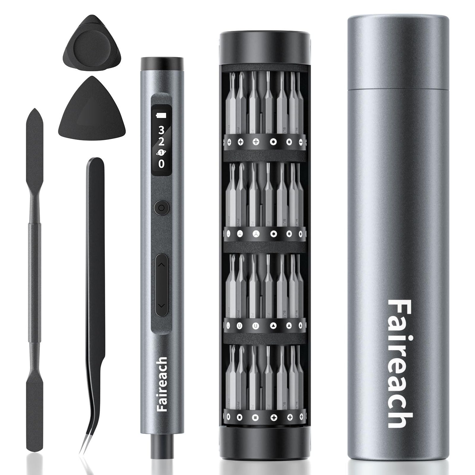 DIY 時計 カメラ メガネ スマホ 磁気式 充電式 修理ツールセット USB-C LEDライト 正逆回転 ペン型 ポータブルで便利 小型 特殊工具 最大3N.m 3段階トルク 500mAh 65-IN-1電動精密ドライバーセット Faireach