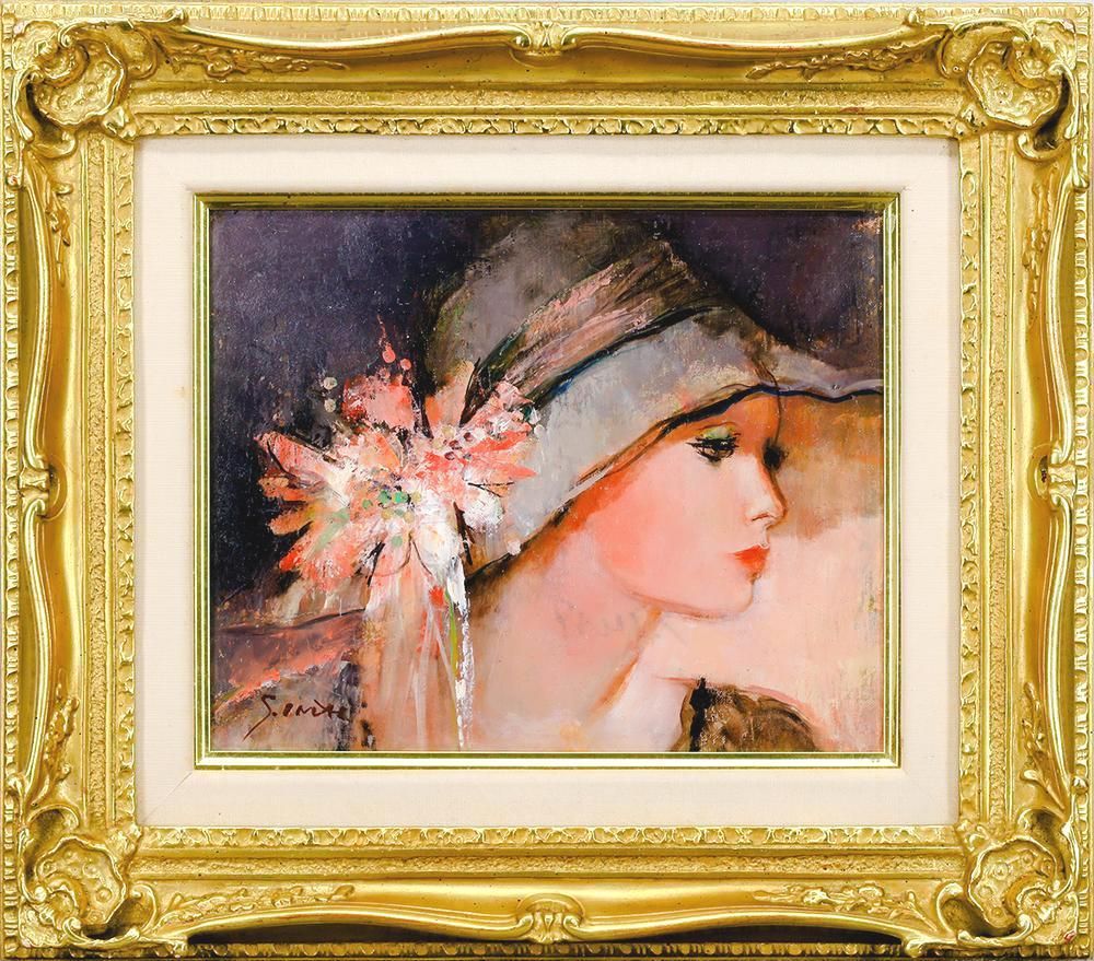 【真作】絵画　田村敏子　油彩SM　帽子の少女　優美な表現　箱・黄袋入　X77 真作】絵画 田村敏子 油彩SM 帽子の少女 優美な表現 箱・黄袋入