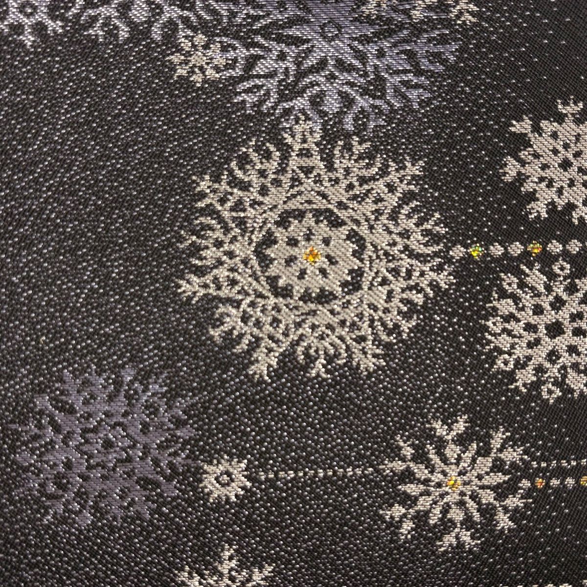 名古屋帯 雪の結晶 縞 銀糸 箔 黒 正絹