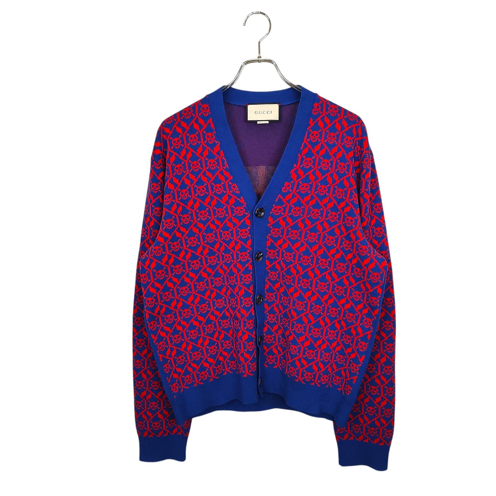 GUCCI グッチ 総柄 スカル ウール カーディガン GMN65 GU156 XL レッド|ブルー