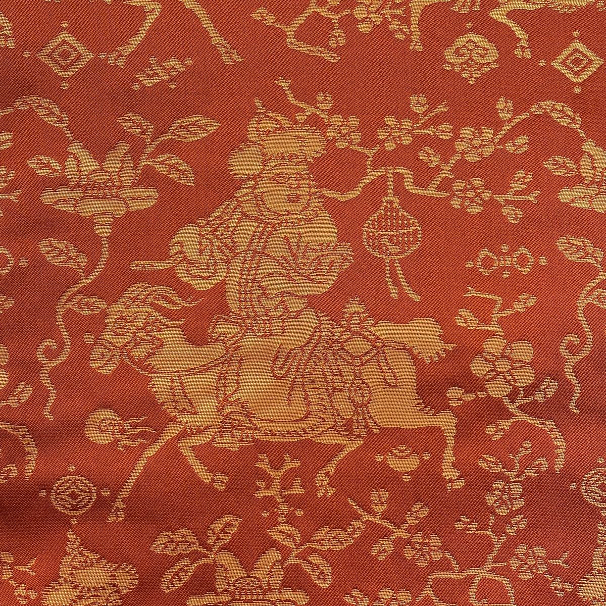袋帯 美品 名品 龍村晋 落款 胡服遊行錦 人馬 枝花 箔 赤茶 全通