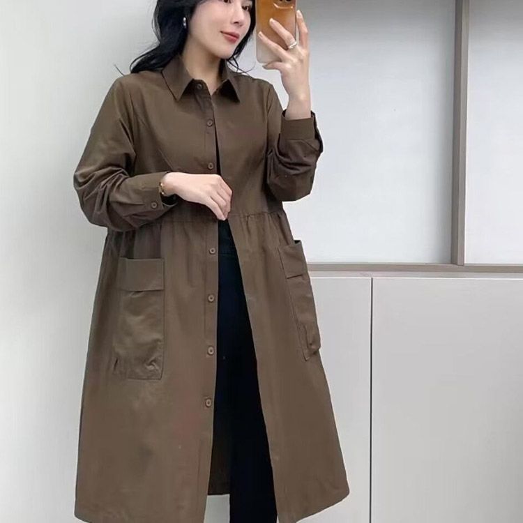 トレンチコート レディース 膝丈 シングル ステンカラーコート A