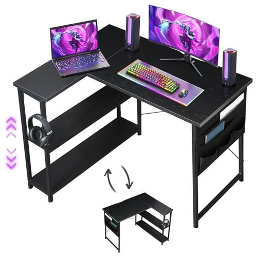 幅99CM_黒い Maihail デスク 机 pcデスク パソコンデスク l字デスク 右棚左棚 幅99cm desk コーナーデスク つくえ 棚板高さ調節 作業机 L字型 勉強机 在宅ワークデスク リモートワーク ゲームデスク ラック付き 黒い