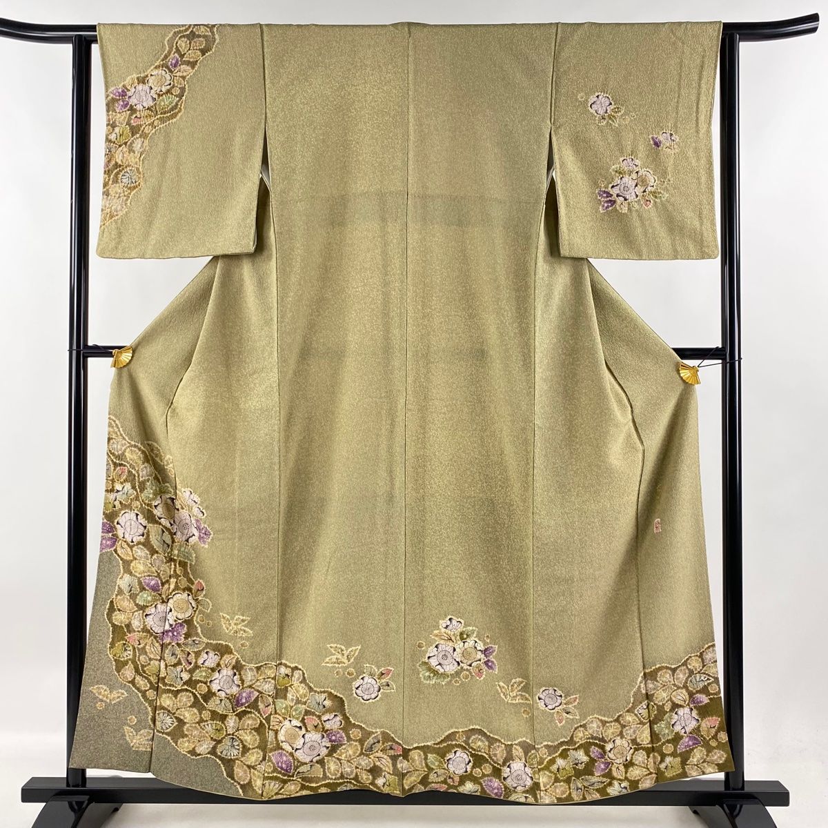 訪問着 身丈157.5cm 裄丈62.5cm S 袷 翠山工房 落款 辻ヶ花 鶯色 正絹 名品