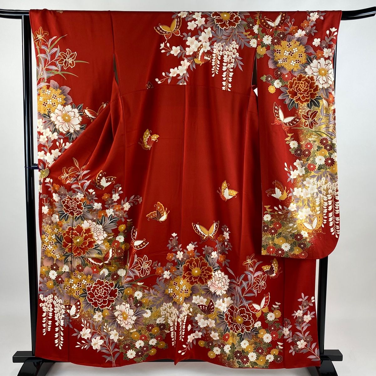 振袖 身丈161.5cm 裄丈65.5cm M 袷 牡丹 雪輪 金糸 金彩 赤紫 