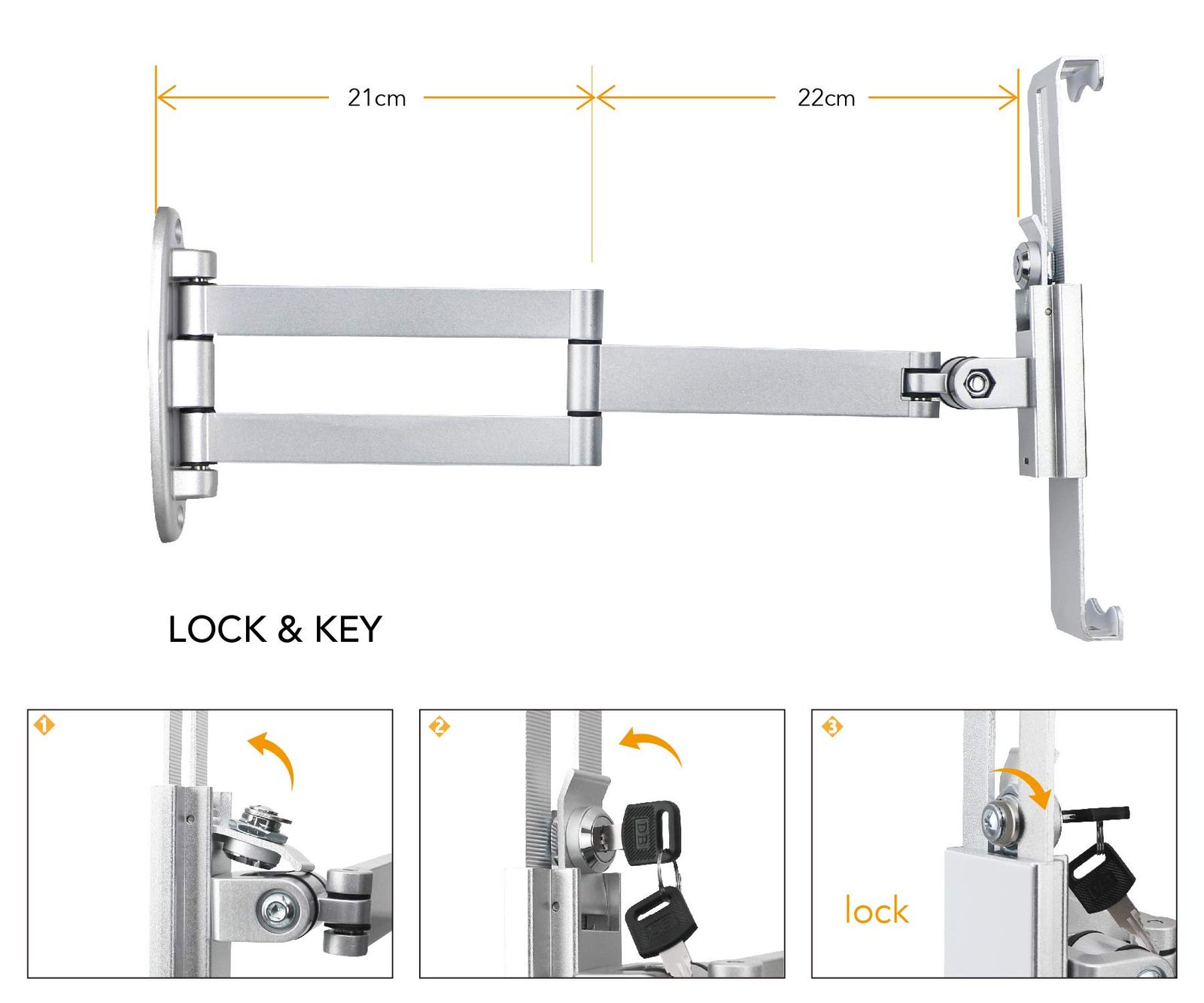 WeSTRUGGLEタブレット壁掛け式スタンド アームは折り畳み 伸ばし 回転することができ 防犯安全ロック 多角度調整があり 大部分の8-10.4インチを適用し 7.9‘’8.3‘’9.7‘’10.2‘’10.5‘’10.9‘’ 11‘’iPad Ga