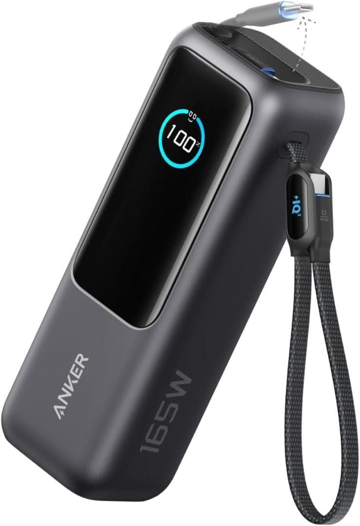 Anker Power Bank 25000mAh Built-In - 巻取り式USB-Cケーブル PD対応|PSE技術基準適合|USB-C入力対応 | 165W出力 MacBook PD対応Windows PC iPad Pro 各種 ブラック