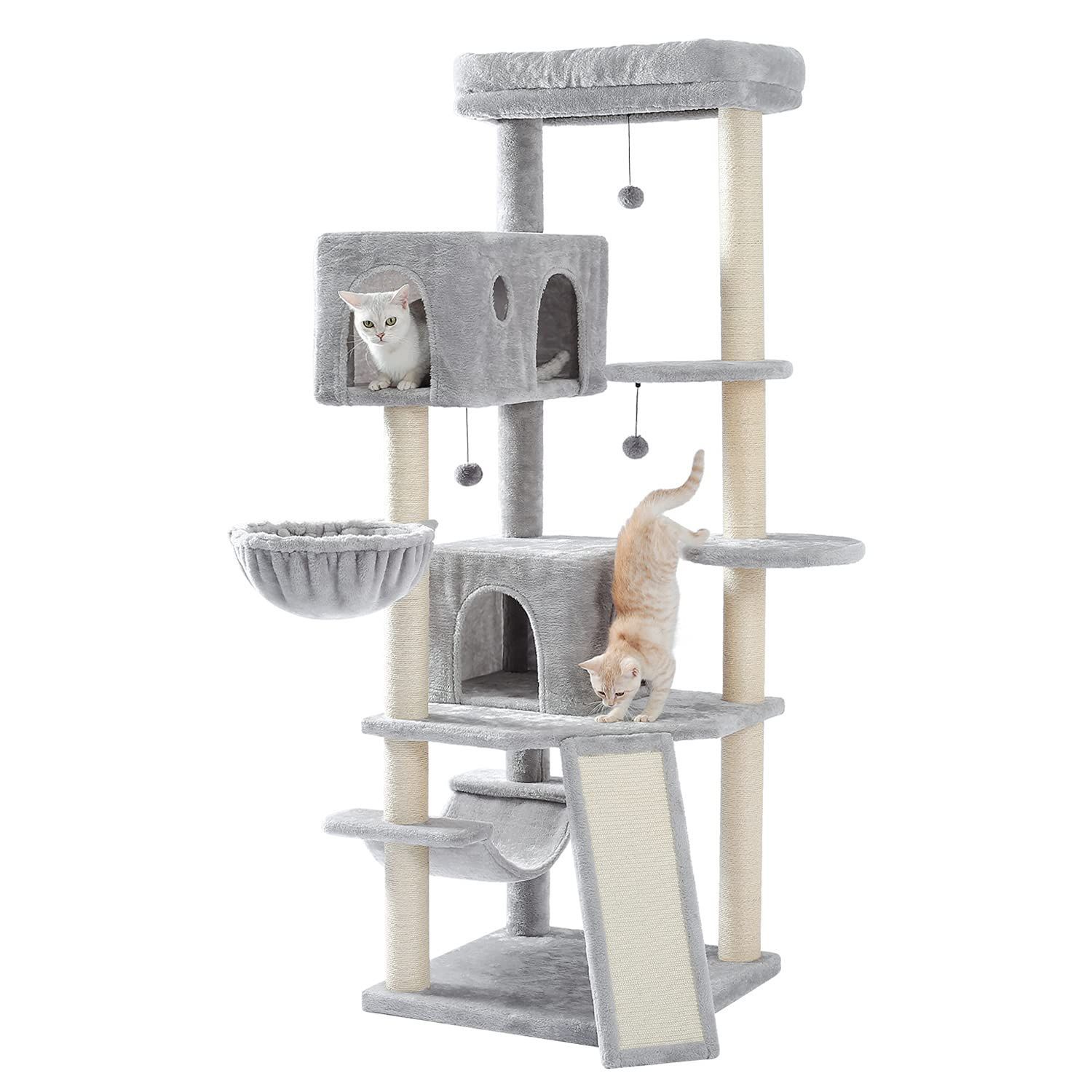 PETEPELA ぺテぺラ キャットタワー 大型猫用 多頭飼い 猫タワー ねこタワー ハンモック 天然サイザル麻紐 爪とぎポール 猫のおもちゃ 見晴台 メインクーン ラグドール - グレー 高さ180cm