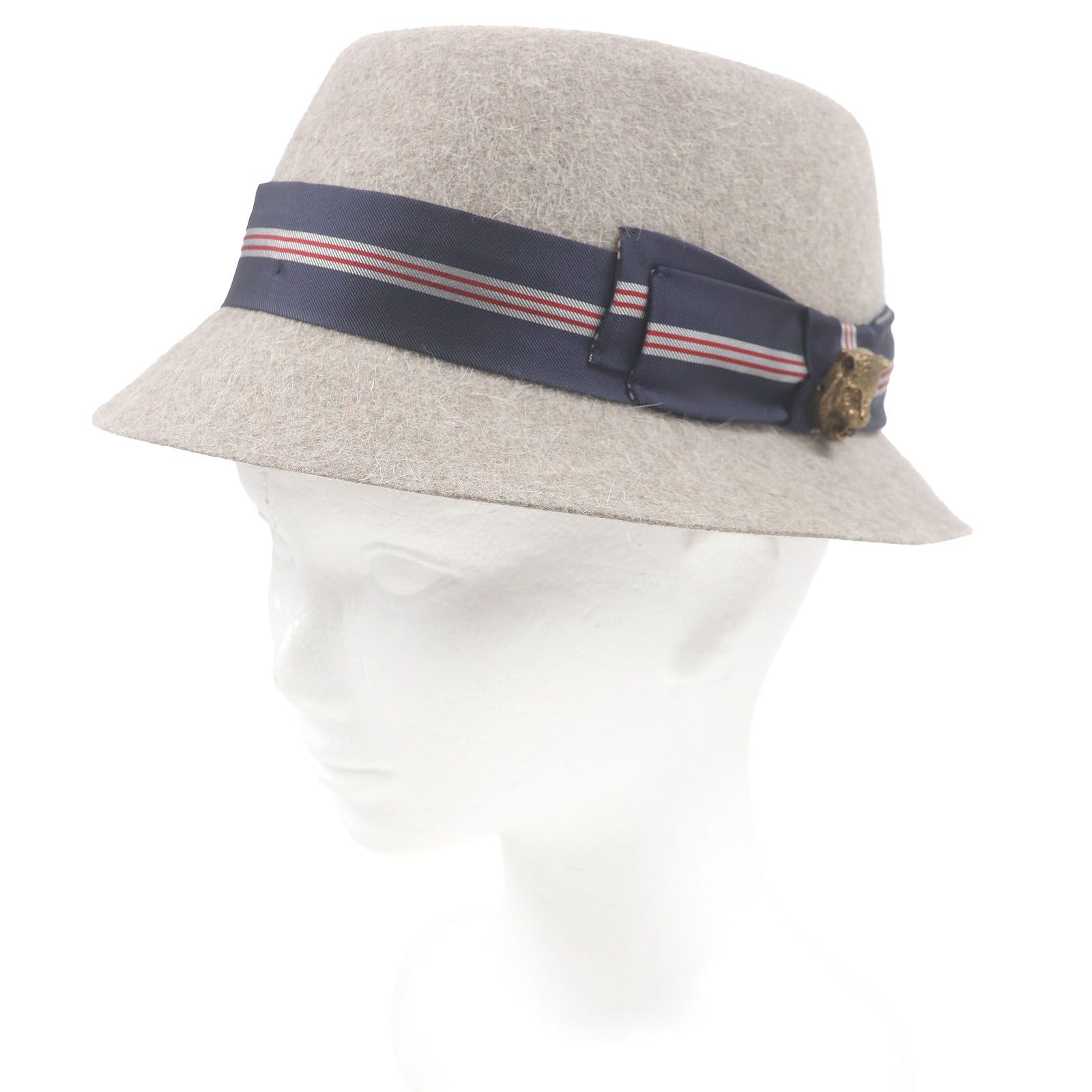 □GUCCI グッチ ラビットファー タイガーヘッド 中折れ帽 フェルトハット ベージュ L 59cm き イタリア製 メンズ