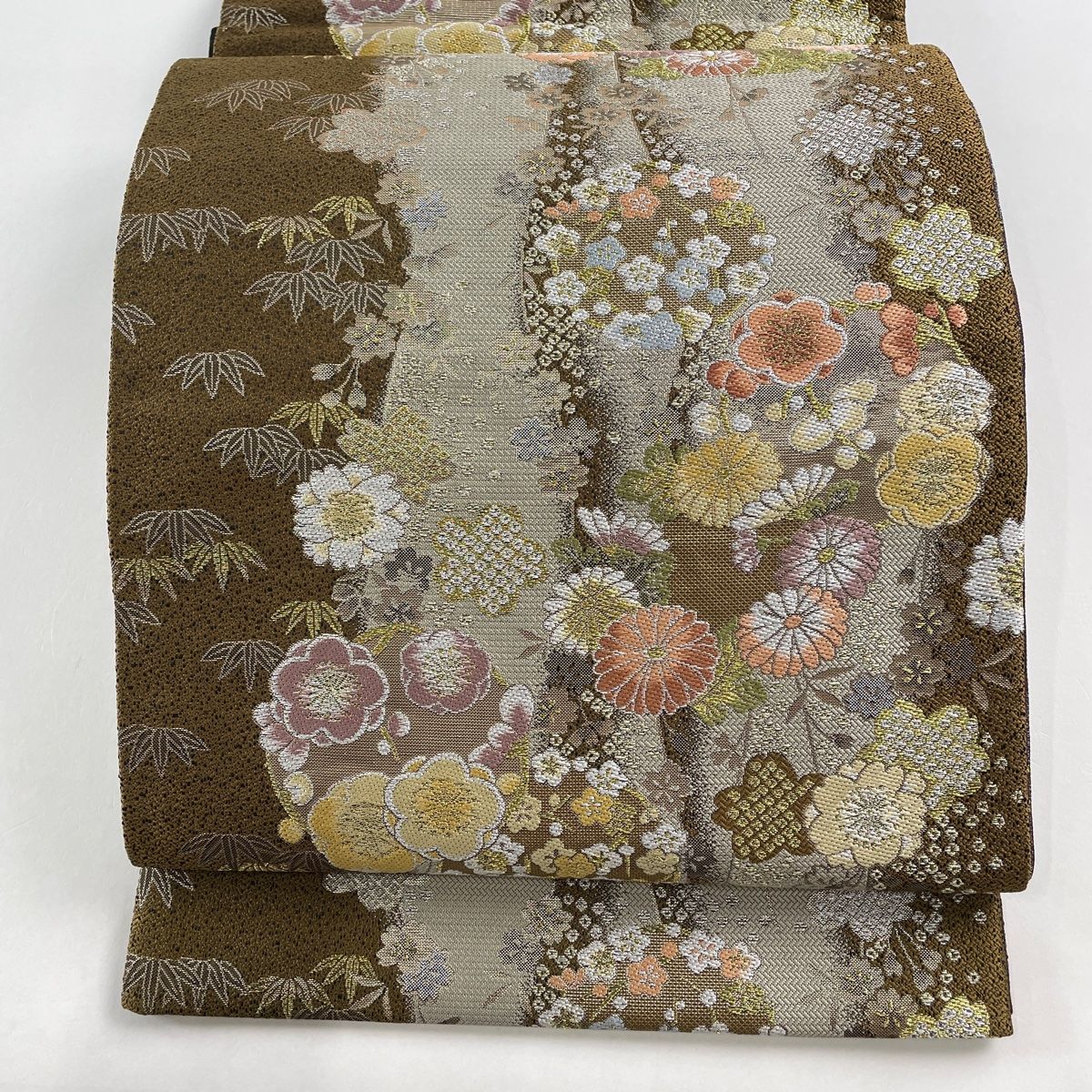 袋帯 美品 名品 やまと 花丸文 金銀糸 茶色 六通 正絹 【中古