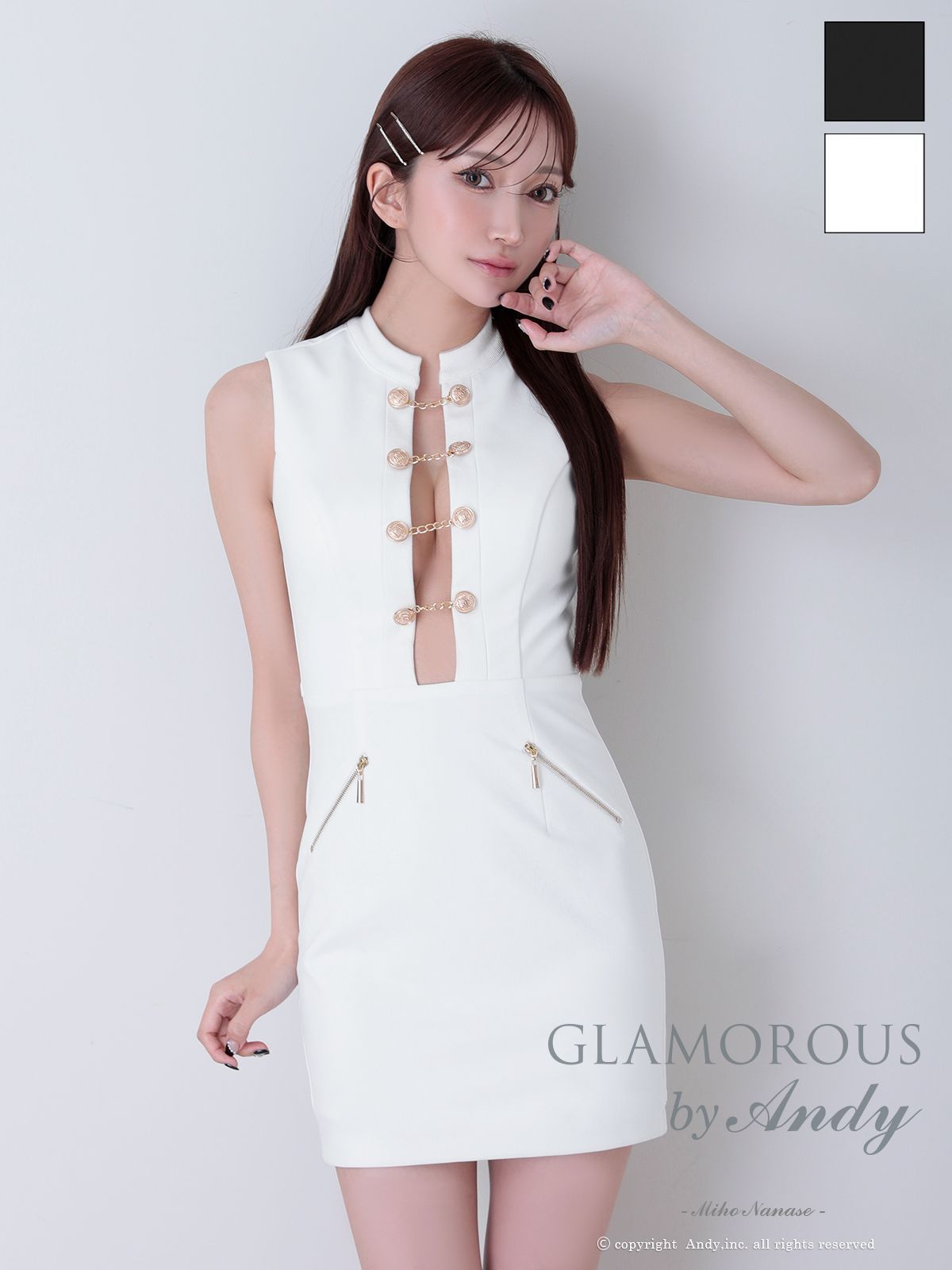 Mホワイト OF 05 GMS-V 889-W-2409 Andy GLAMOROUS アンディグラマラス ハイネック カットアウト チェーン ボタン ノースリーブ シンプル タイト ミニドレス キャバドレス