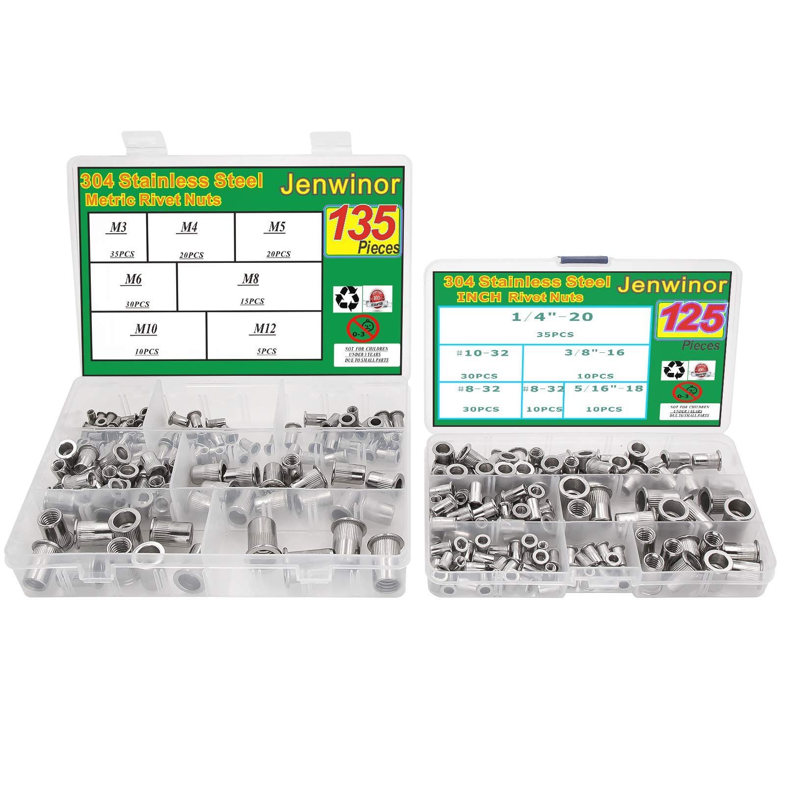Jenwinor 260pcs インチおよびメートル法304ステンレス鋼リベットナット #8-32#10-32 1/4＂-20 5/16＂-18 3/8＂-16 M3 M4 M5 M6 M8 M10 M12