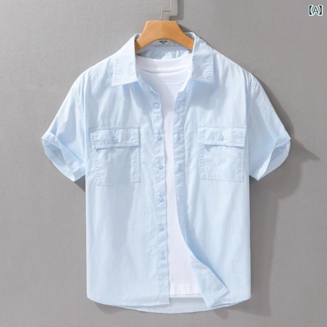 3XL メンズ ファッション 服 男性用 オシャレ シンプル 大人 かっこいい 大きいサイズ ストリート 紳士服 夏 無地 コットン 半袖 シャツ ポケット コットン ホワイト シャツ 通勤 ウィンド シャツ 通気性