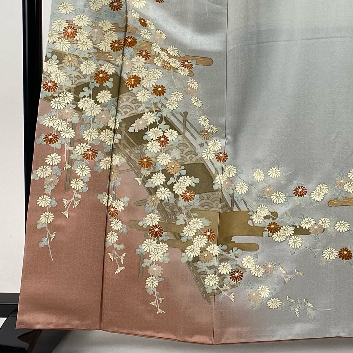 訪問着 身丈163cm 裄丈64cm M 袷 菊 橋 金糸 金彩 灰色 正絹 秀品 一つ紋