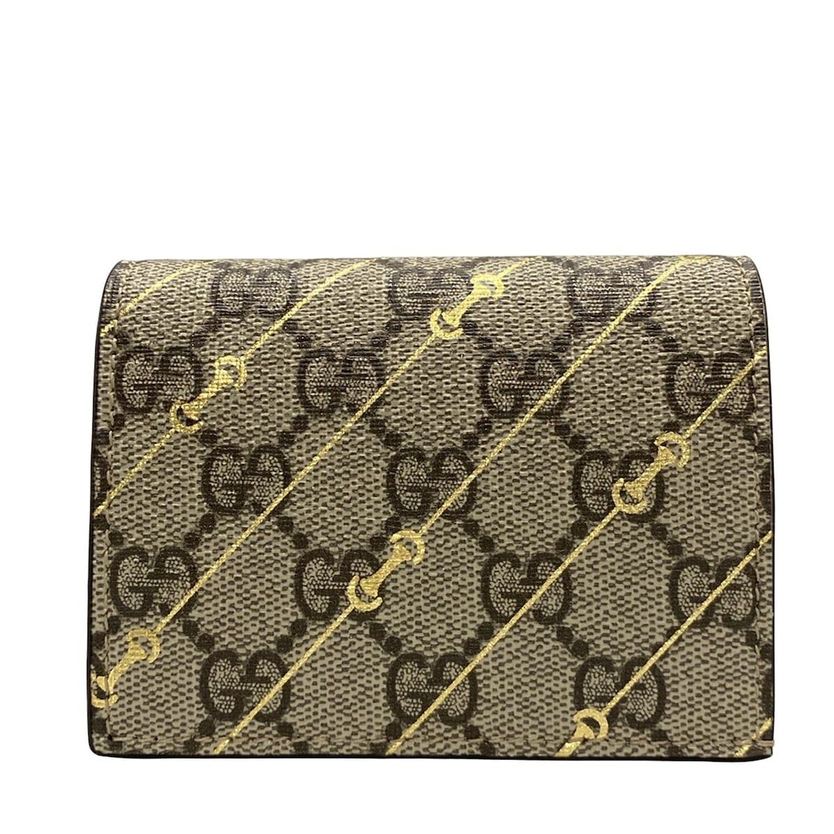 GUCCI グッチ 2つ折り財布 GGスプリーム 774332 ベージュ×ダークブラウン×ゴールド ホースビットプリント レザー