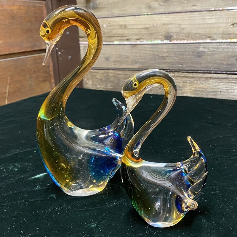 レトロ マルティグラス ガラス スワン親子 ペア 鳥 置物 オブジェ 伝統