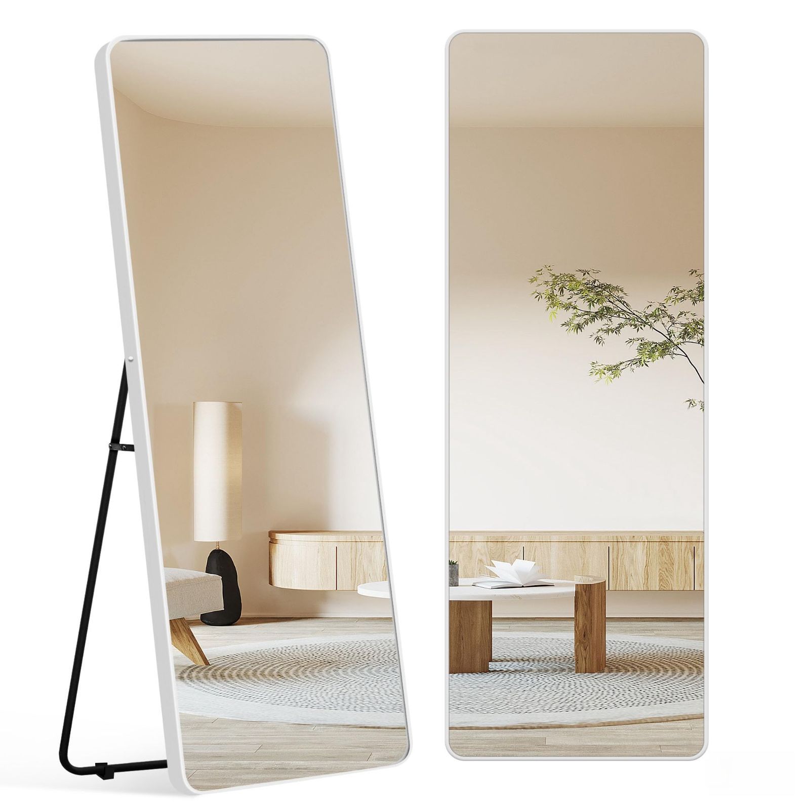 【新着商品】大型 おしゃれ ミラー 鏡 飛散防止 姿見 立てかけ 壁掛けミラー 160*60CM 丸角 アルミ スタンドミラー ホワイト 姿見鏡 全身鏡
