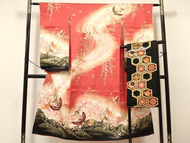 平和屋着物∵女の子 十三参り 子供 祝着 袋帯セット 飛鶴花文 暈し染め 金彩 DAAY3003ma