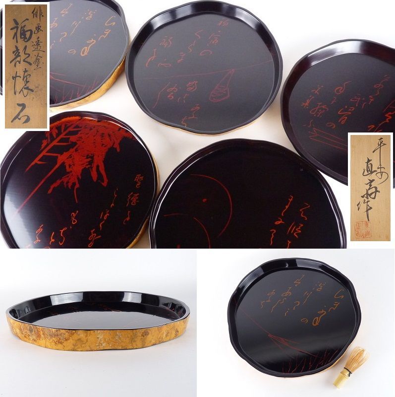 清宮 平安 直斎作 俳画透塗 福部懐石 5客 共箱 幅 約37cm 高さ 約3.5cm 木製 絵替り蒔絵 京名所 吸物膳 会席膳 G-3