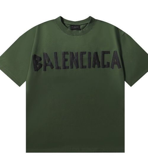 Balenciaga ロゴレターダークグリーンウォッシュ加工ダメージカップル風ラウンドネック半袖Tシャツ