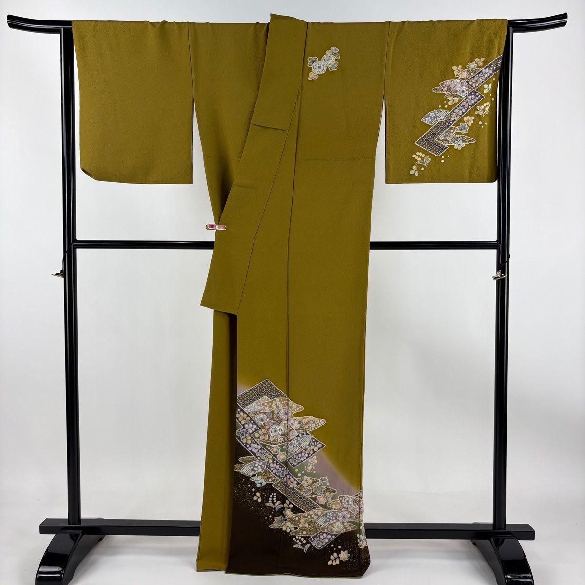 身丈154.5cm 裄丈62.5cm S 袷 ? 後楽園 建物 松 刺繍 ぼかし 灰