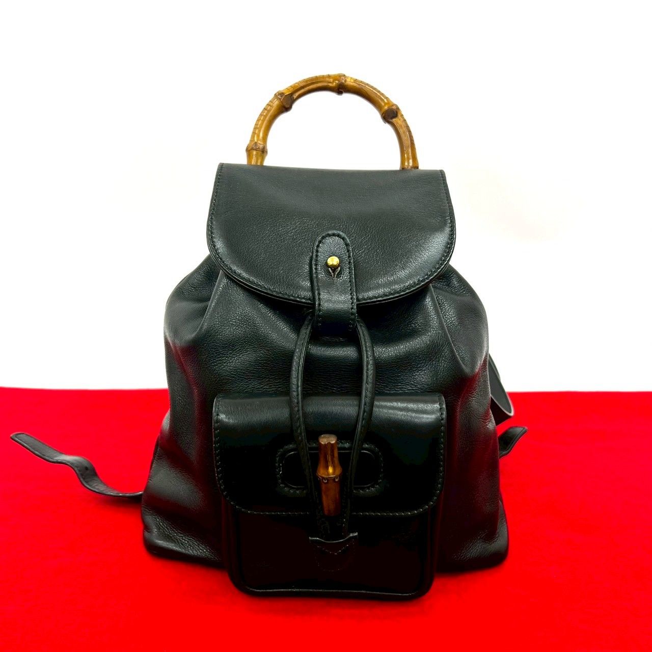 e74【極美品】グッチ　バンブー　オールレザー　ブラック　巾着　リュック. ✨希少 極美品✨グッチ リュックサック バンブー ゴールド金具