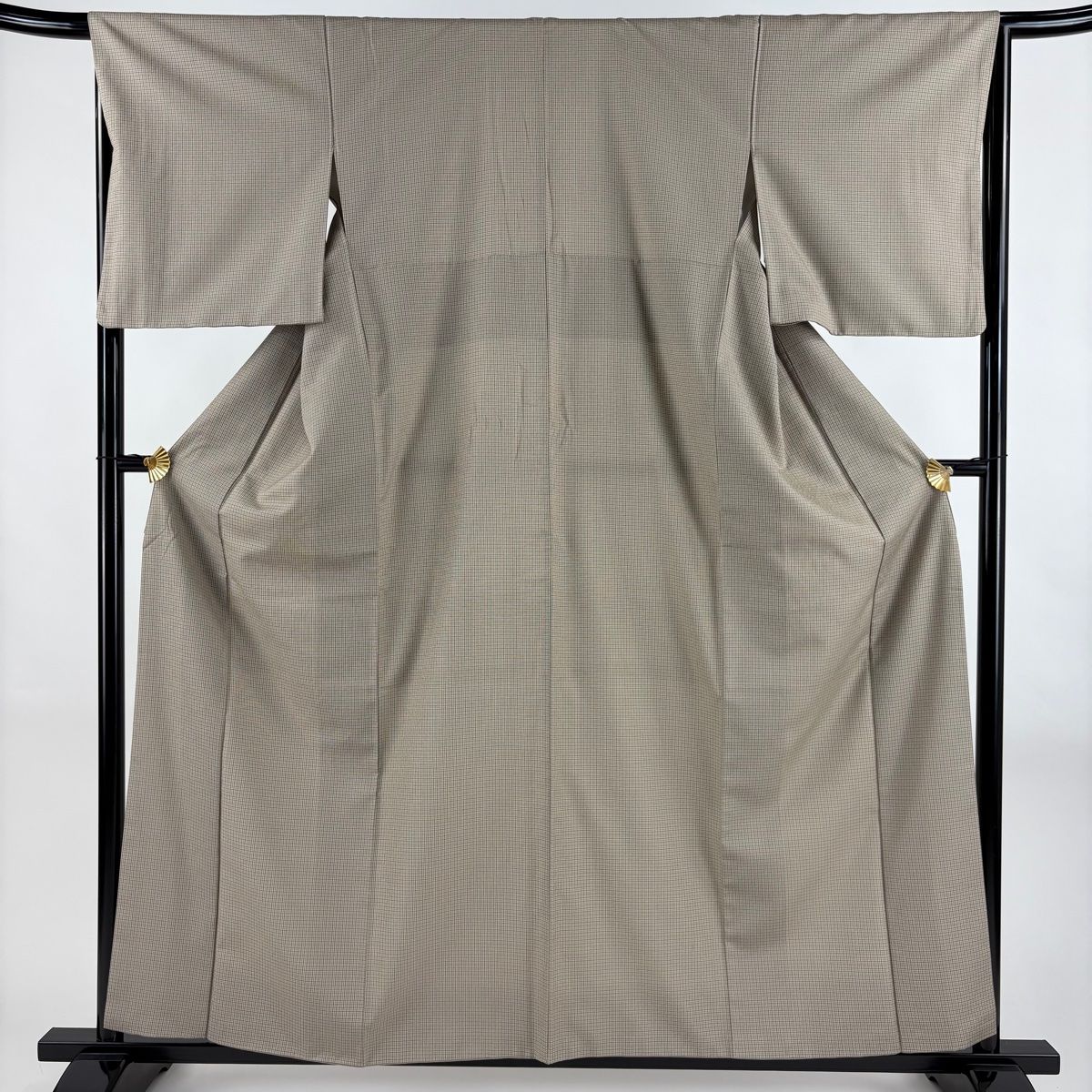 紬 身丈158cm 裄丈66.5cm M 袷 格子 幾何学模様 薄茶色 正絹