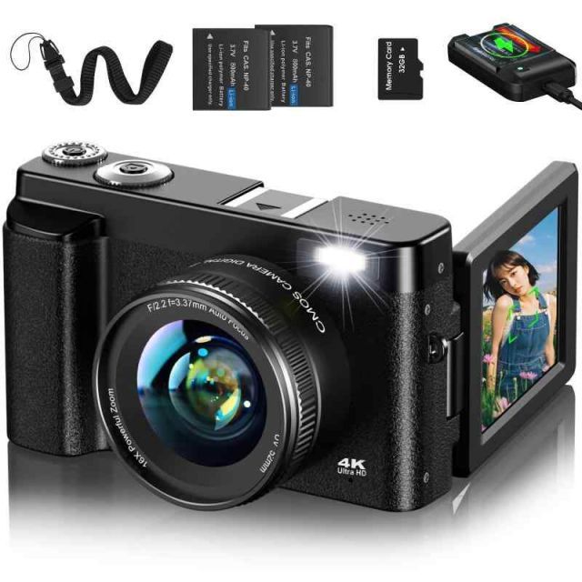 Lecnippy デジカメ 4K デジタルカメラ 32GBマイクロSDカード付き オートフォーカス機能 180度回転可能ディスプレイ 4800万画素 16倍ズーム 手振れ補正 Webカメラ 自撮りカメラ 3インチ大画面 美顔フ