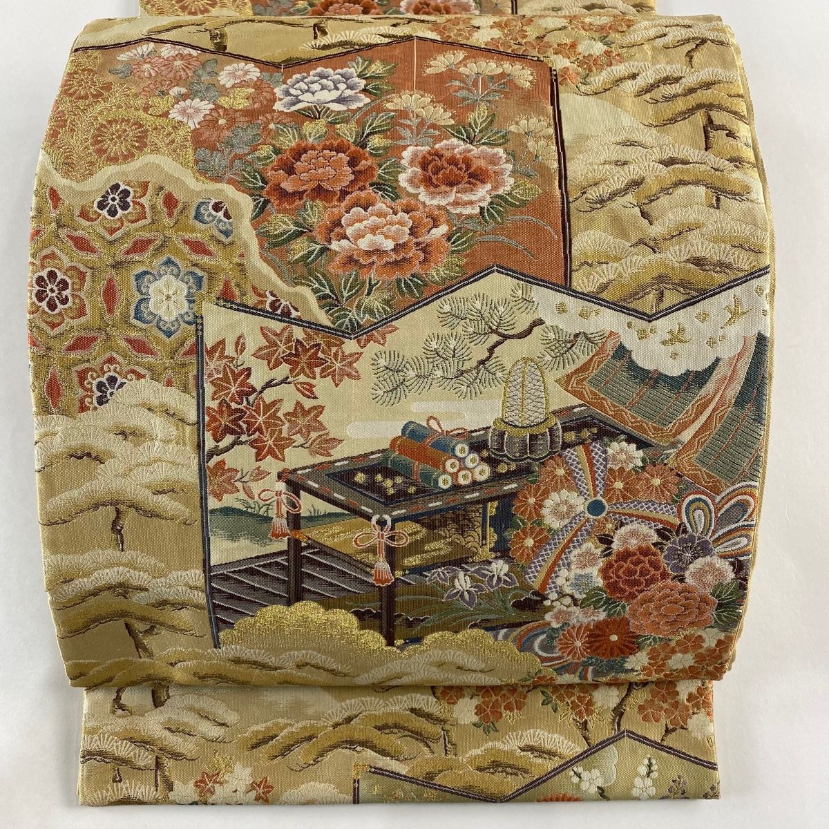 袋帯 秀品 蔓帯 草花 金銀糸 箔 ベージュ 六通 正絹 【中古