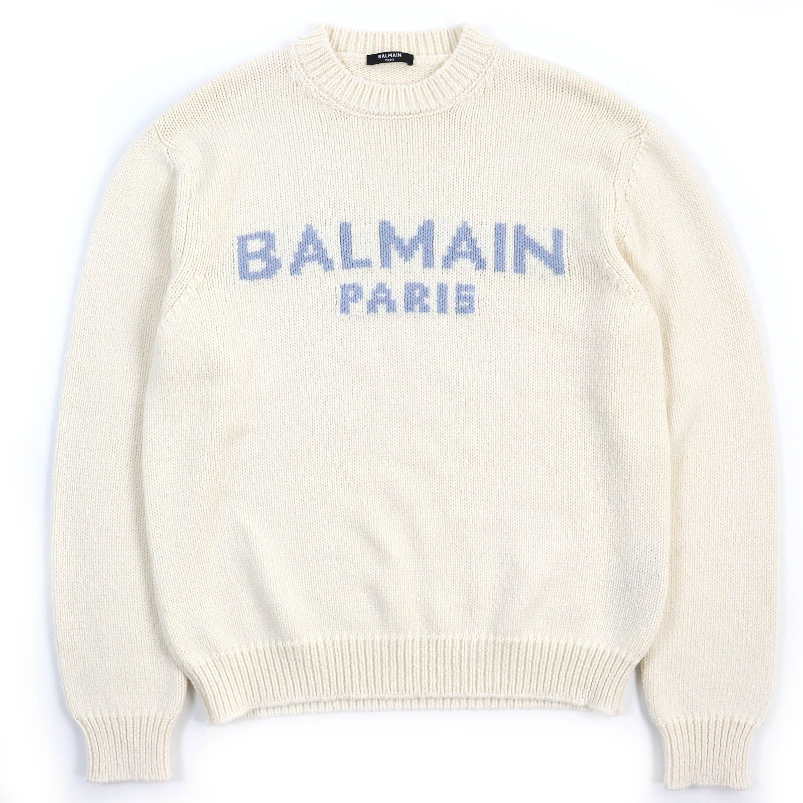 極美品△BALMAIN バルマン KD000KB13 ウール100％ ロゴインターシャ ロングスリーブ ニット セーター オフホワイト ライトブルー  S イタリア製 メンズ - メルカリ