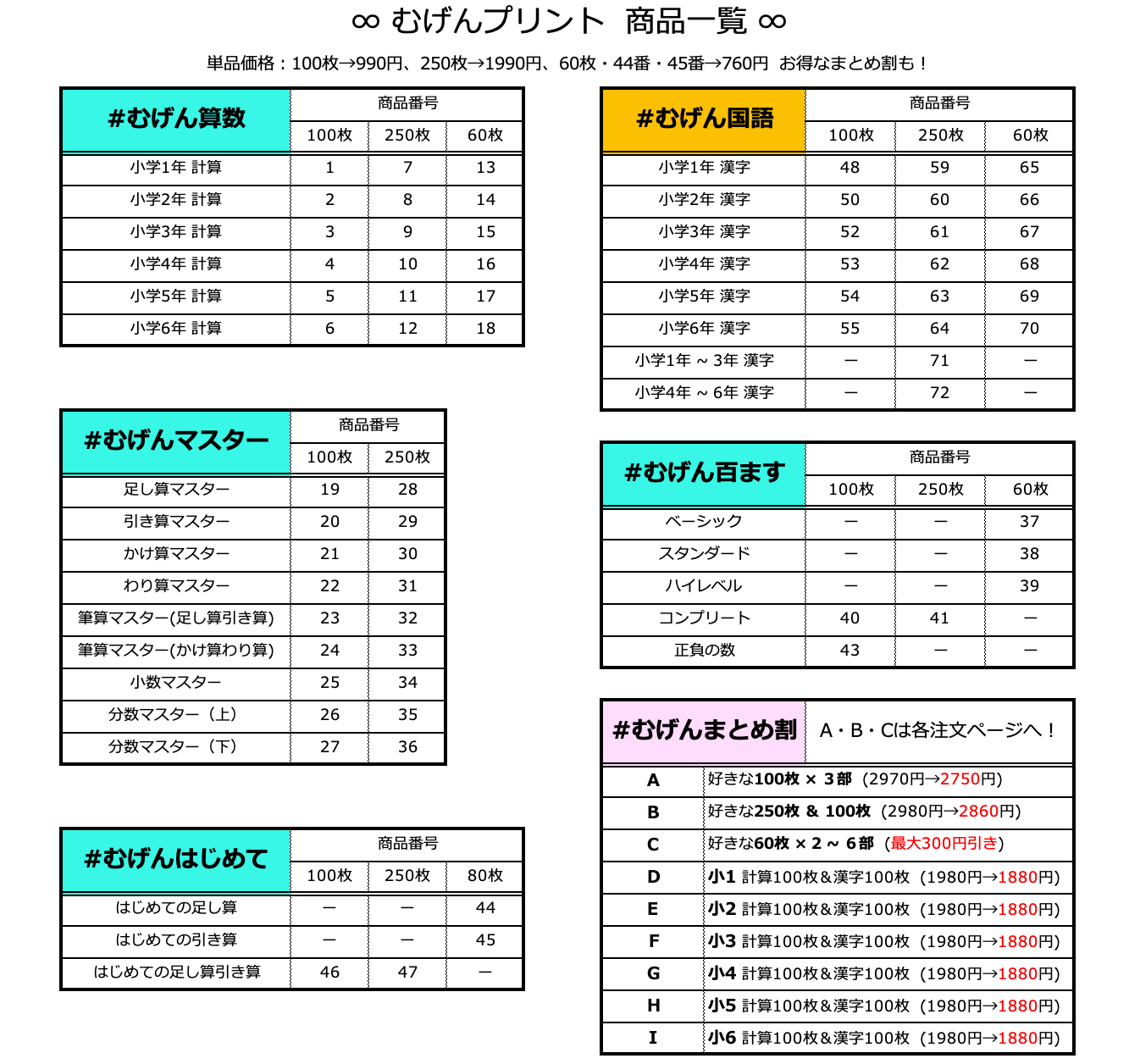 メルカリshops お好きな250枚 100枚でまとめ割 計算漢字ドリル むげんプリント 小学中学