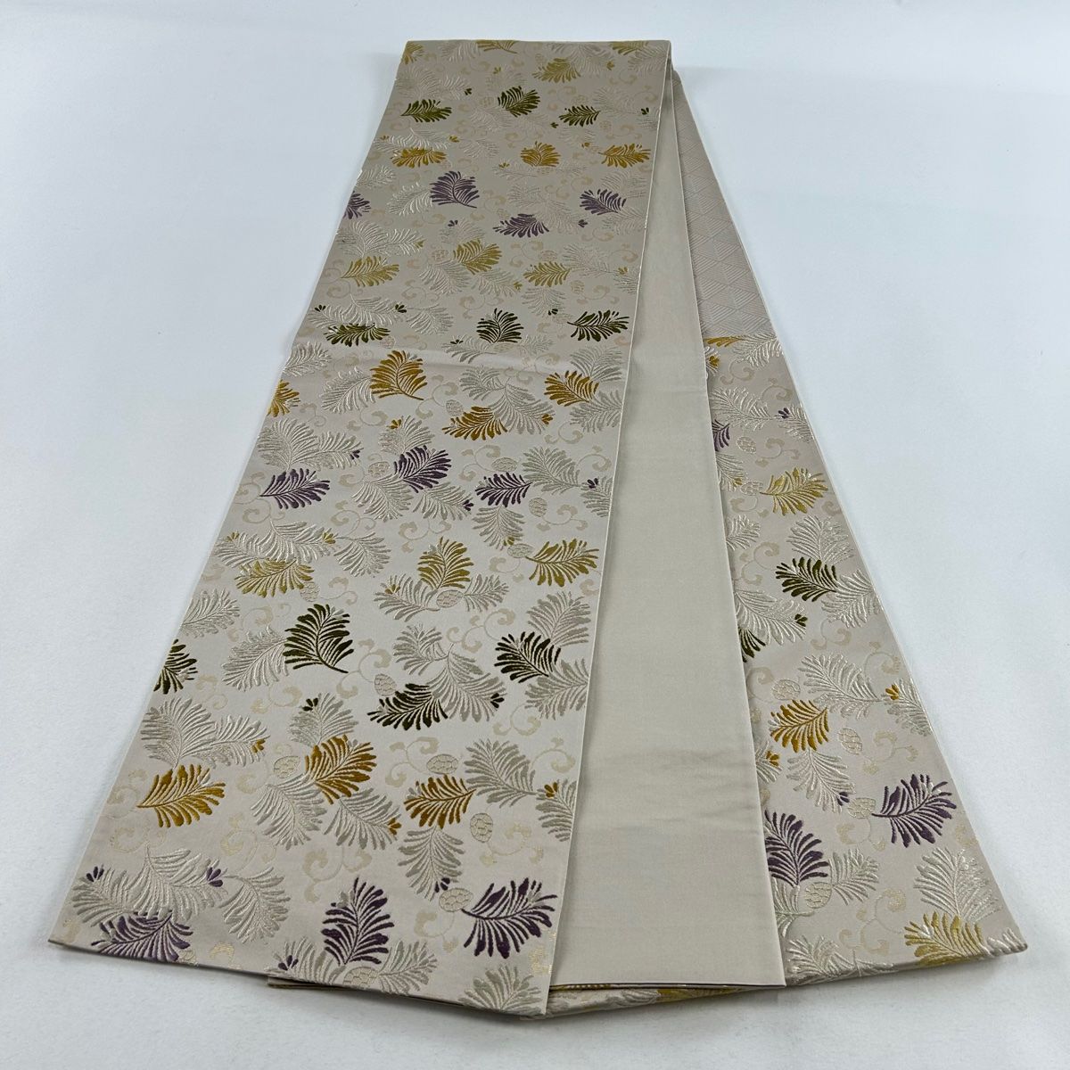 袋帯 名品 桜 若松 唐織 金糸 灰茶 六通 正絹 【中古】