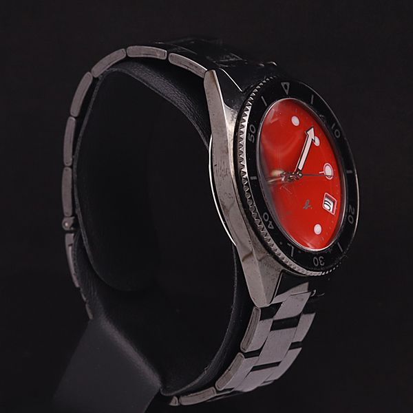 稼働 良品 アニエスベー QZ V742-8060 デイト ラウンド 赤文字盤