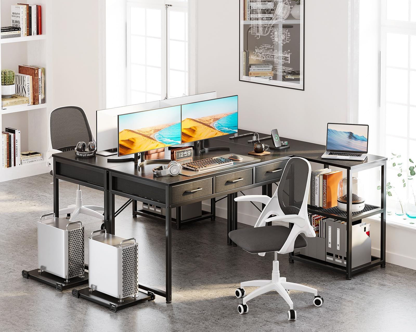 商品 ODK ゲーミングデスク 引き出し3杯 パソコンデスク コンセント付き l字デスク デスク 机 幅135 pcデスク 棚付き 収納 desk オフィスデスク 在宅勤務 仕事用 組立簡単 ブラック MARWIL-DEMENAGEMENTS_CH