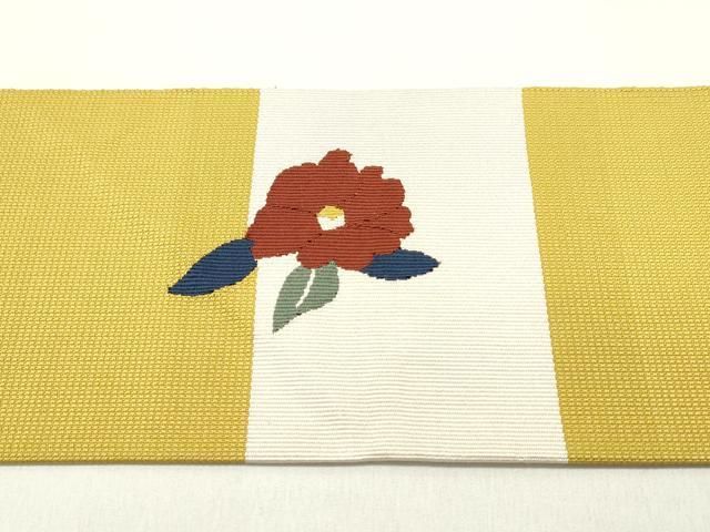 平和屋着物●八寸名古屋帯　すくい織　枝椿文　櫨染色　正絹　逸品　DAAY0063ob 平和屋着物○八寸名古屋帯 すくい織 枝椿文 櫨染色 正絹