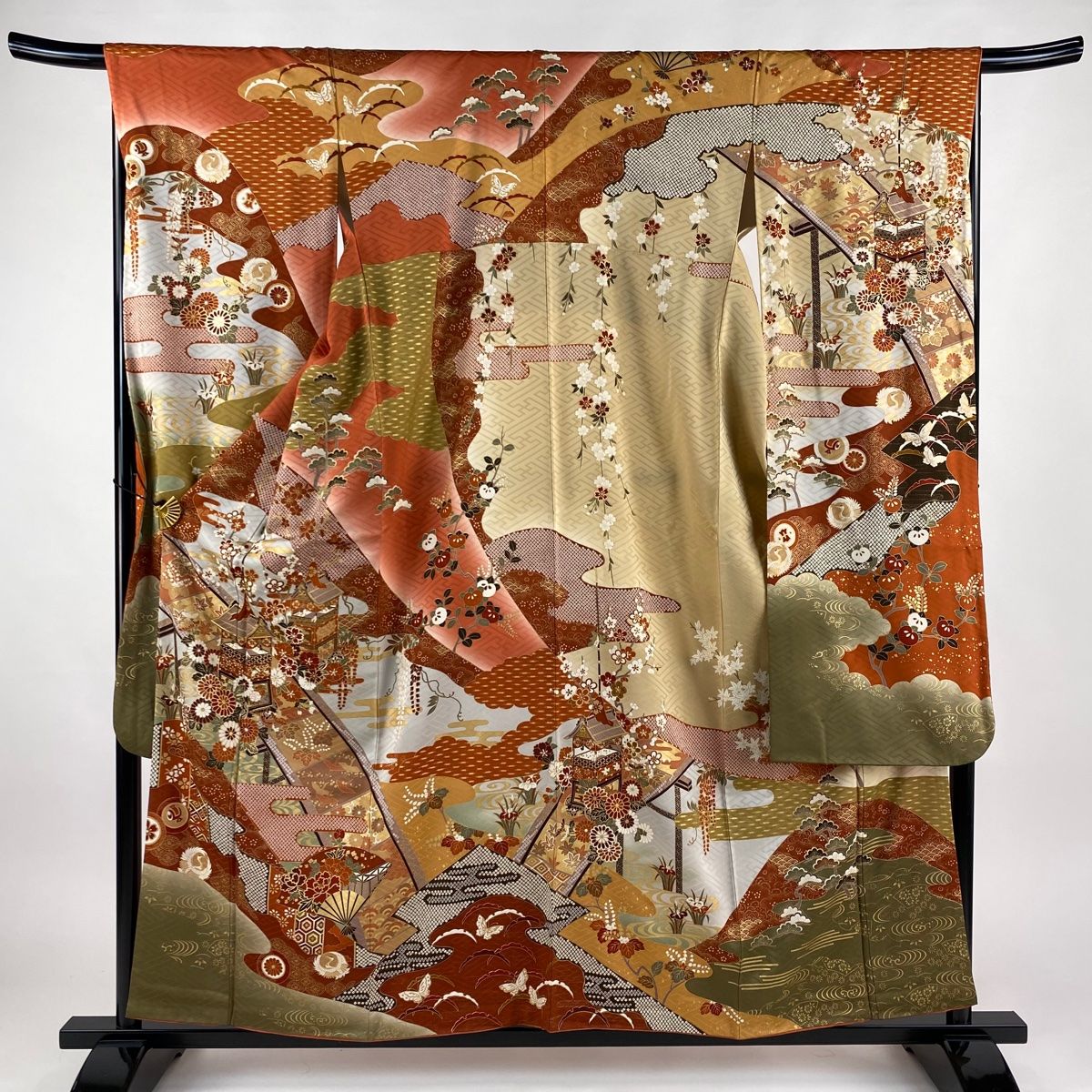 振袖 身丈158cm 裄丈67cm M 袷 山鉾 草花 金糸 金彩 茜色 正絹 秀品