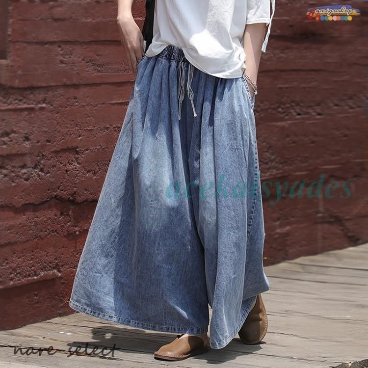 デニムパンツ パンツ スカーチョ ワイドパンツ スカンツ レディース ズボン デニム ハイウエスト 美脚 ポケット付き 無地 着痩せ 春 夏 30代 40代 50代