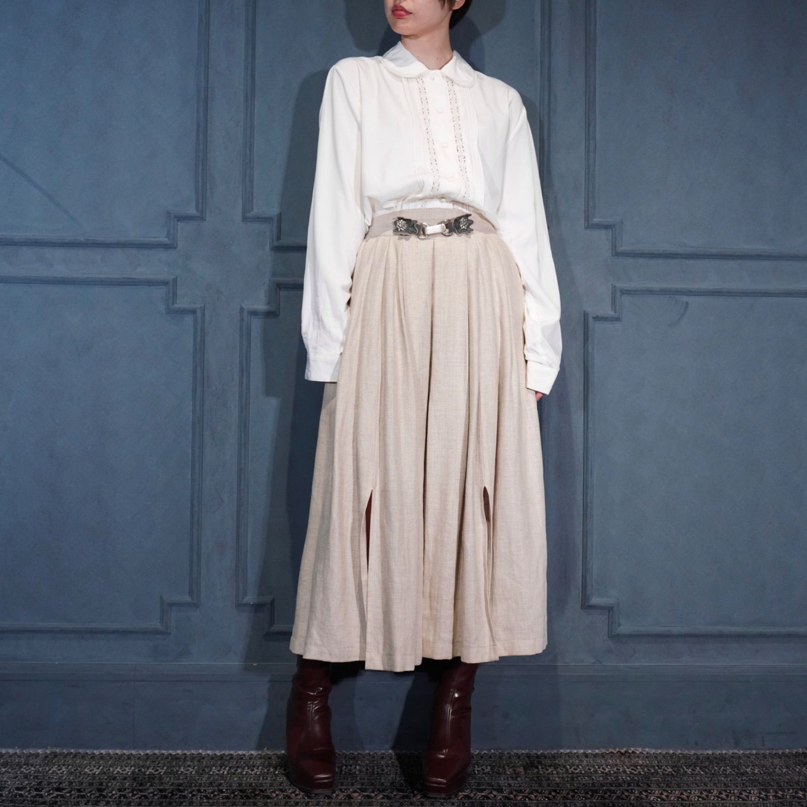 EU VINTAGE COUNTRY LINE WEST DESIGN LINEN TYROLEAN LONG SKIRT ヨーロッパ古着ウエストデザインリネンチロリアンロングスカート