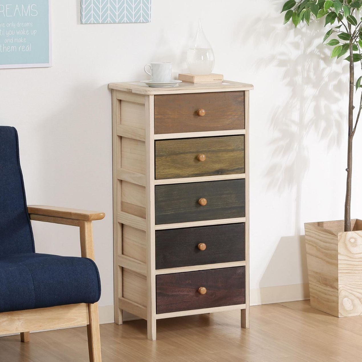 ♪桐製 カラフル ５段 ミニチェスト 幅40cm チェスト リビング収納 収納家具 1人暮らし 姫系