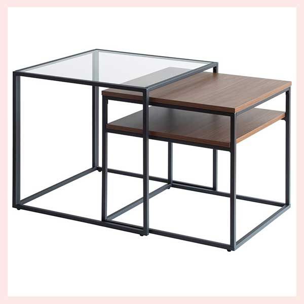 ネストテーブル（ハイタイプセンターテーブル）No.600（W60×D60×H60.5cm＆W54×D54×H56.5cm）／ブラウン ※シンプル,高級感,おしゃれ,レイアウト,ガラス天板,収納棚付き,段違い,2段